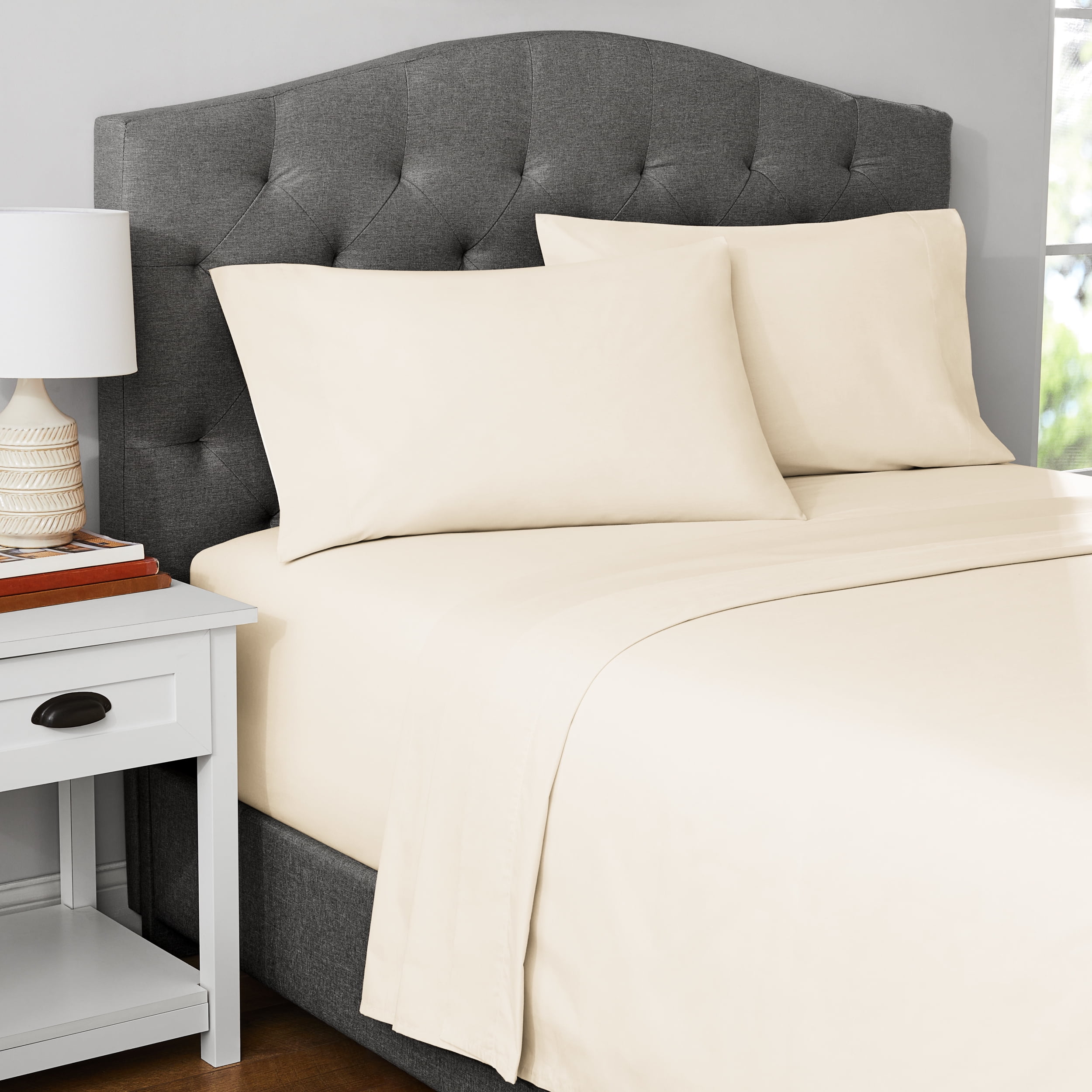 Mainstays 300 Thread Count Easy Care Beige Cotton Blend Percale Flat Bed Sheet, Twin