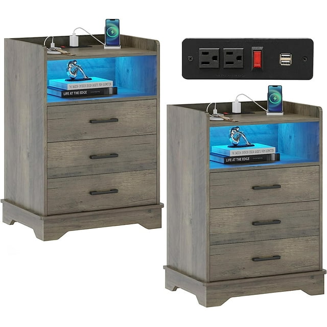 LED Nightstand Set of 2 with Charging Station, Side Table with USB