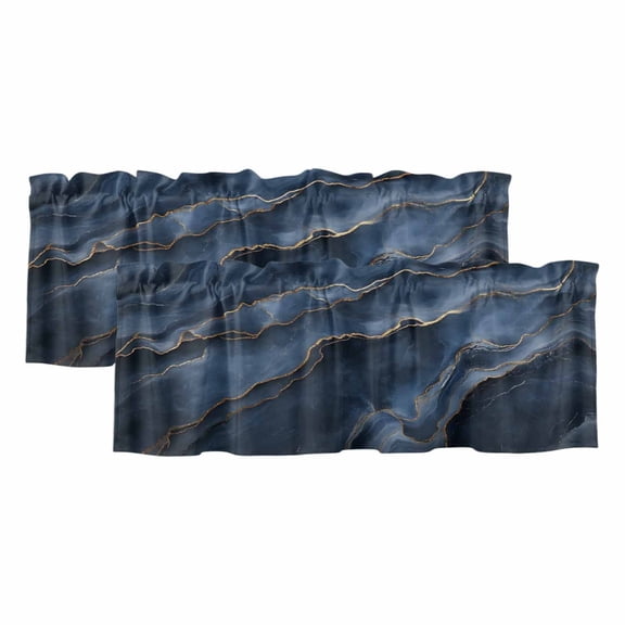 2 Pack Abstract Marble Texture Valance for Window Deep Blue Gold Crack Art Kitchen Valance Rod Pocket Short Curtain Topper Decorative Window Treatment for Living Room Bedroom 60"x18"