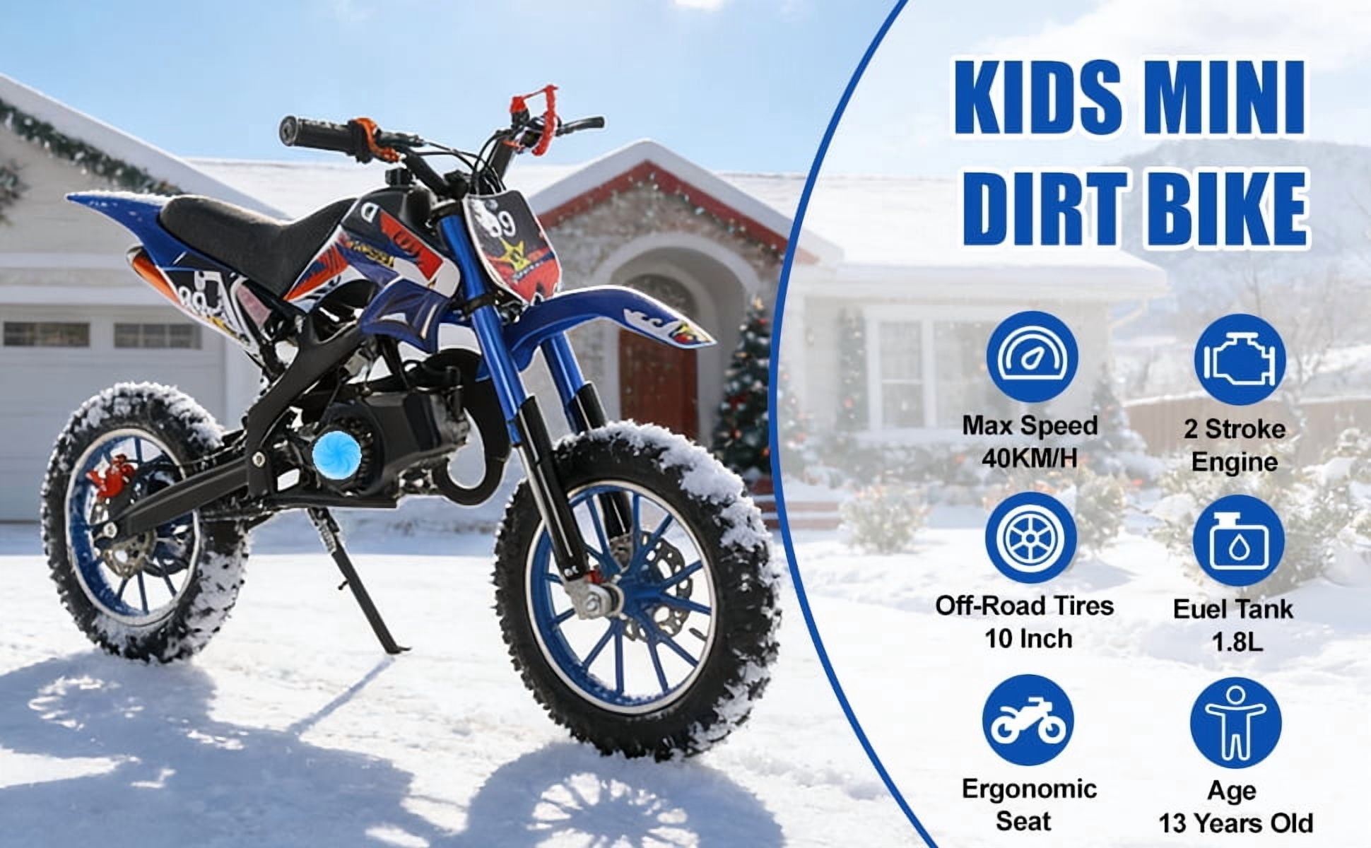 Korogimeeet Gas Powered Blue Mini Dirt Bike 49cc 2-Stroke, Hand-Pull Start, Inverted Hydraulic Suspension, 10 Inch Tires, 40KM/H Max Speed, 30 Min Range, 150kg, 47 x 30 Inch
