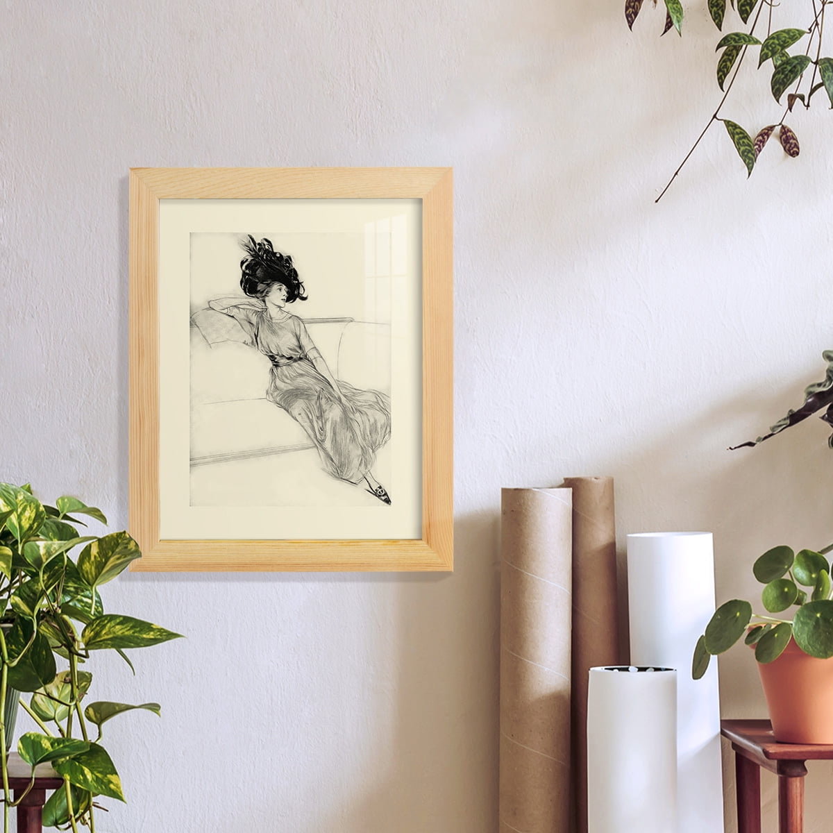 Feather Hat I -Framed Print w/glass-Natural Wood