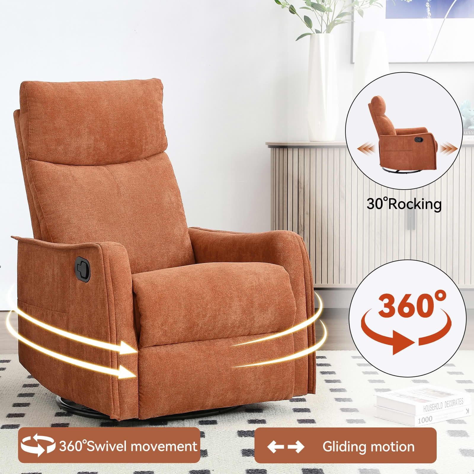 MAYEERTY Orange Heat Massage Recliner Chair, 360° Swivel Rocker 27"x36"x40" for Living Room