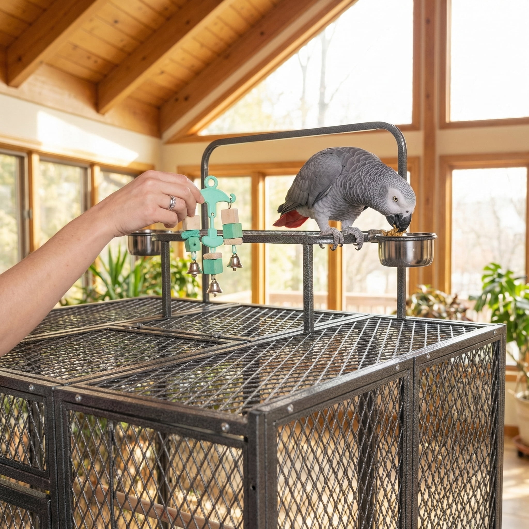 Walnest Heavy Duty Large Bird Aviary Cage 44x28.74x44.5-65 Inch, Rustproof Outdoor Bird Cage with 2 Feeding Bowls & Feedable Doors for Parrot, Eagle, Pigeon, Hornbill & Large Birds