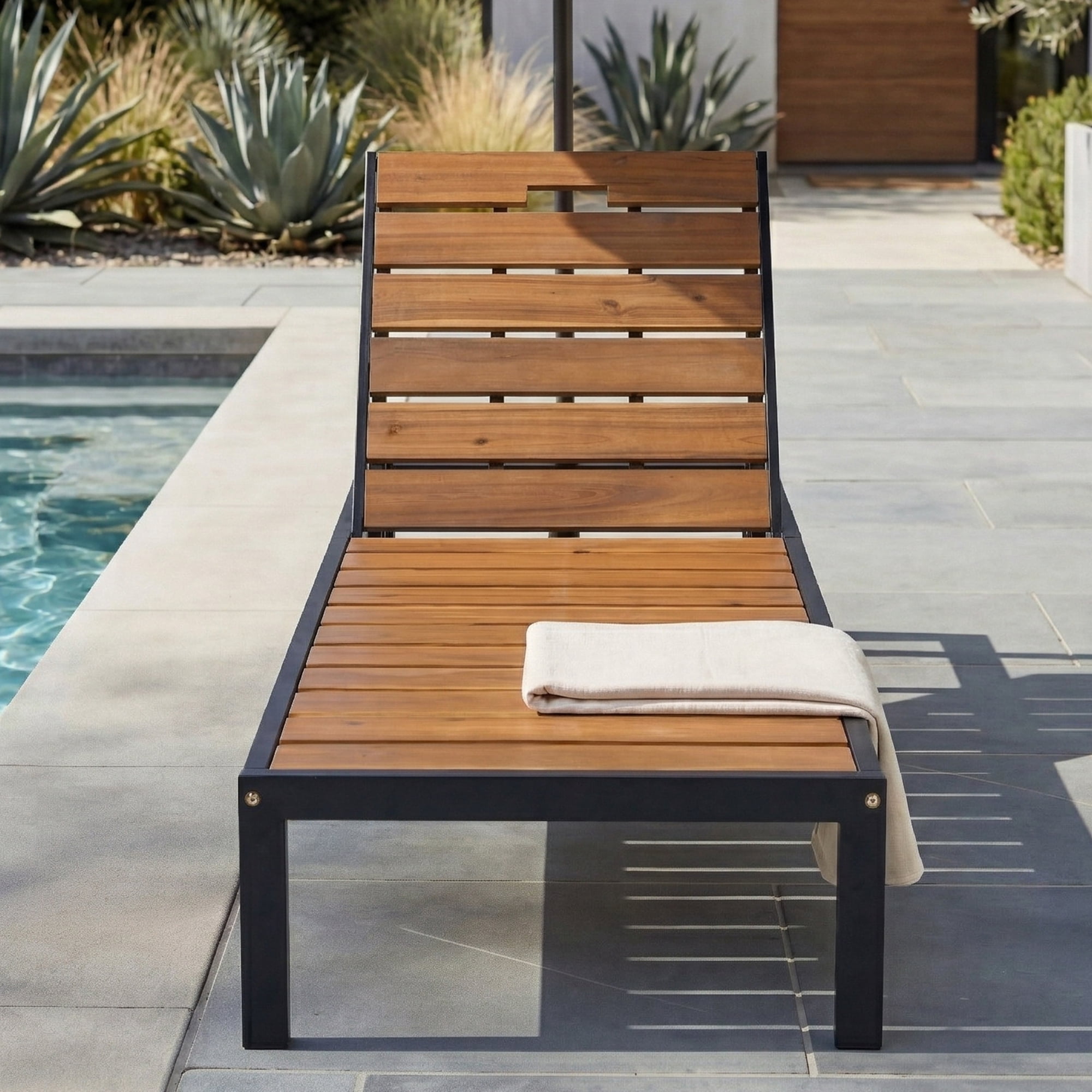 Poolside Chaise Lounge Set, Outdoor Recliner Daybed for Patio Poolside, Black and Natural