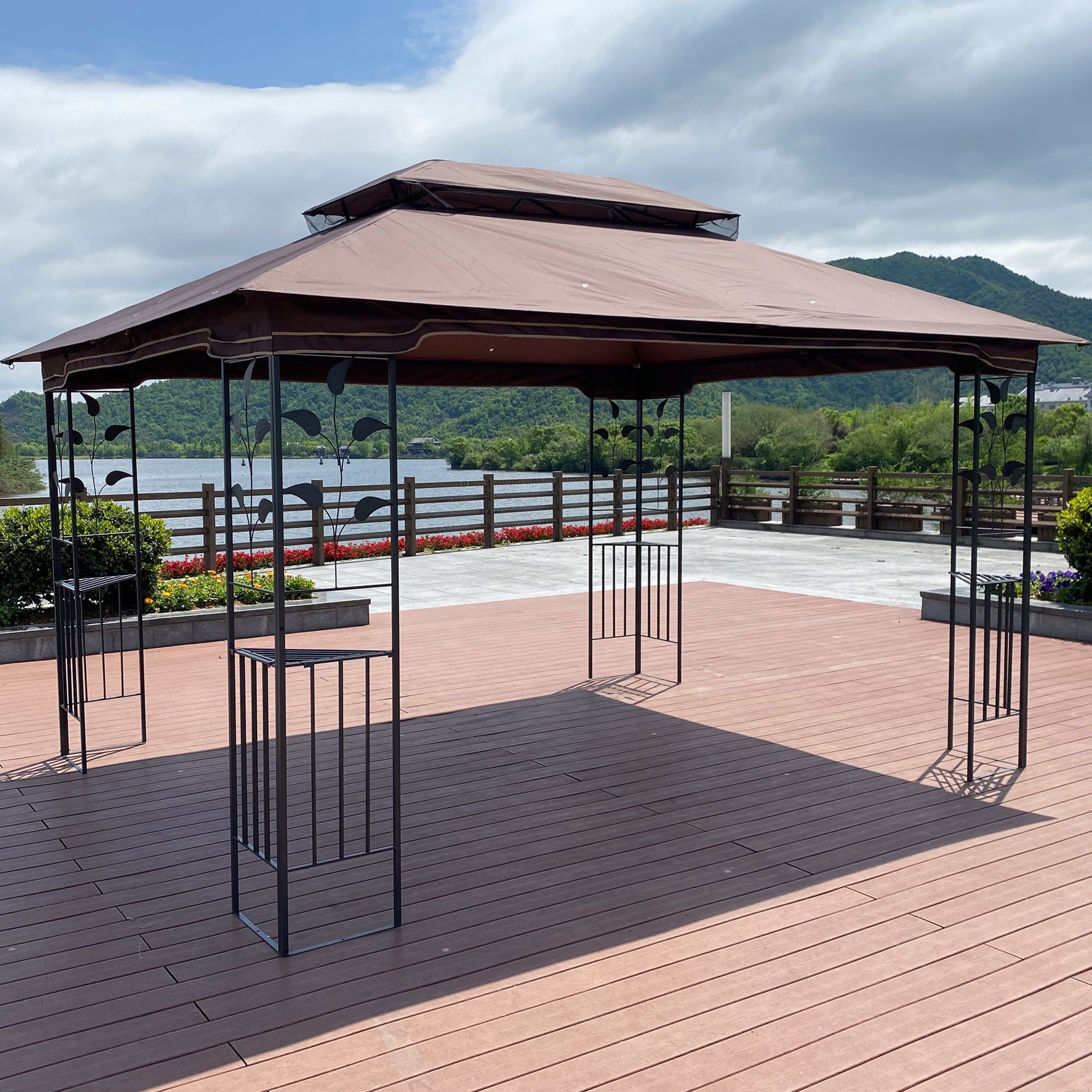 Royard Oaktree Patio Gazebo 13x10 Ft Outdoor Canopy Gazebo with Mosquito Netting and Corner Shelf Ventilation Double Roof Party Tent for Lawn Backyard Garden Deck,Brown