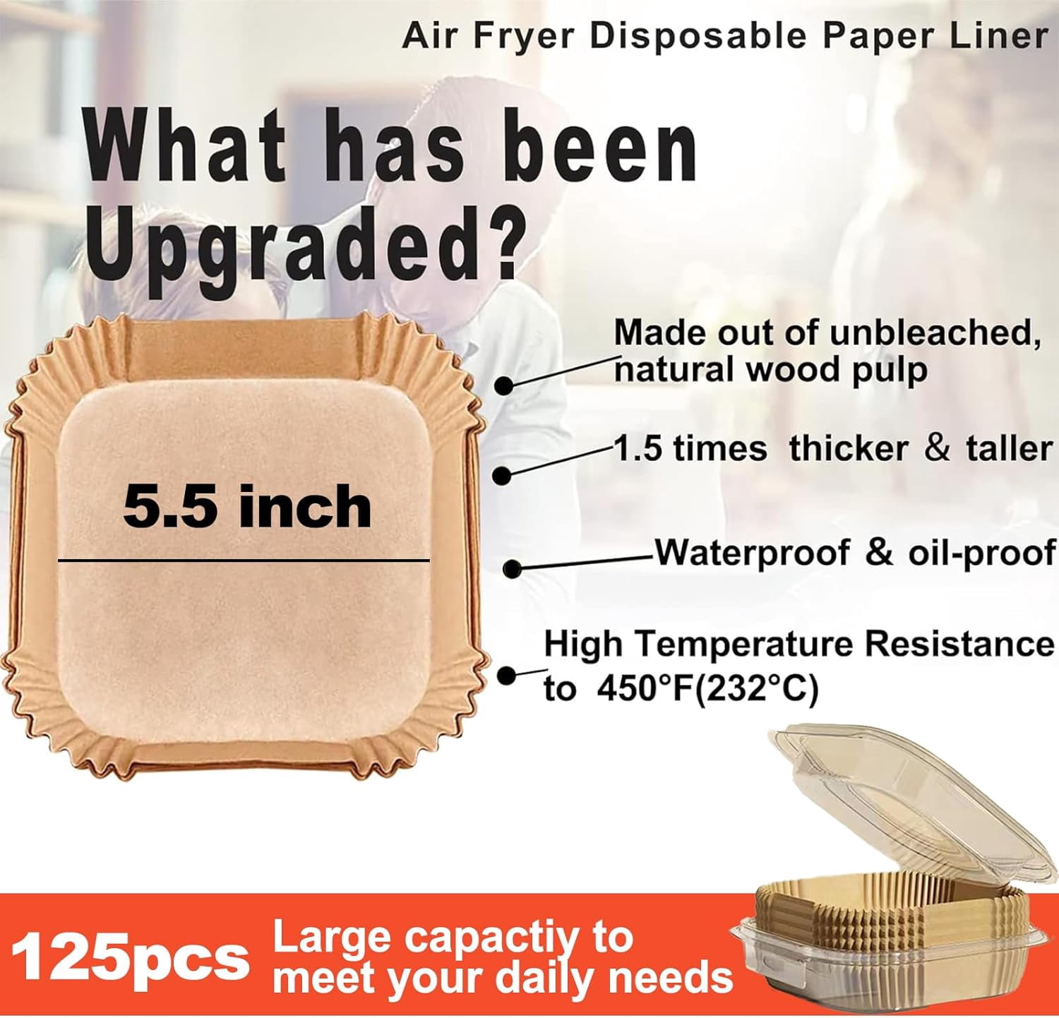 125-Count Square Air Fryer Paper Liners - 9 Inch Large Size, Non-Stick, Unbleached, for 5-8 QT Air Fryers, Baking, Frying