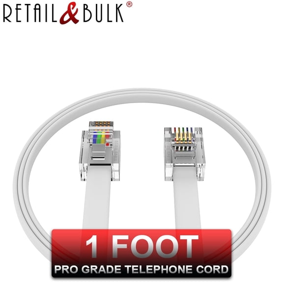 1 Foot RJ11 Telephone Cord - Voice/Data Phone Cable, 4 Wire, 100% Copper (White 1ft) Made in USA