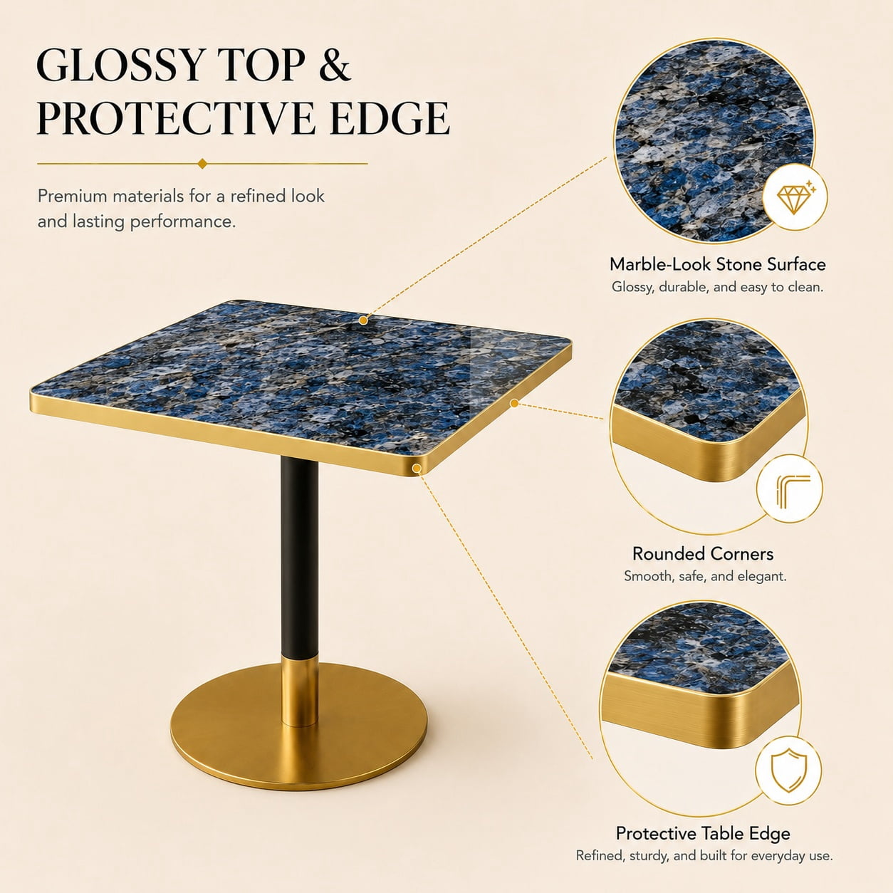 Aukfa 31.5" Square Dining Table for 2-4, Marble-Look Sintered Stone Top, Gold Pedestal Base, Small Spaces,Sapphire Blue
