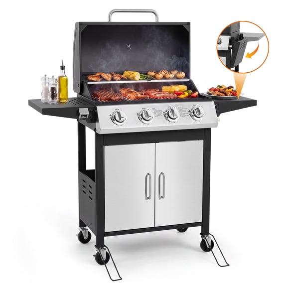 SEGMART 4 Burner BBQ Propane Gas Grill, Stainless Steel 40,000 BTU Patio Garden Barbecue Grill with Folding Side Tables, Thermometer & Bottle Opener, Perfect for Camping, Outdoor Cooking
