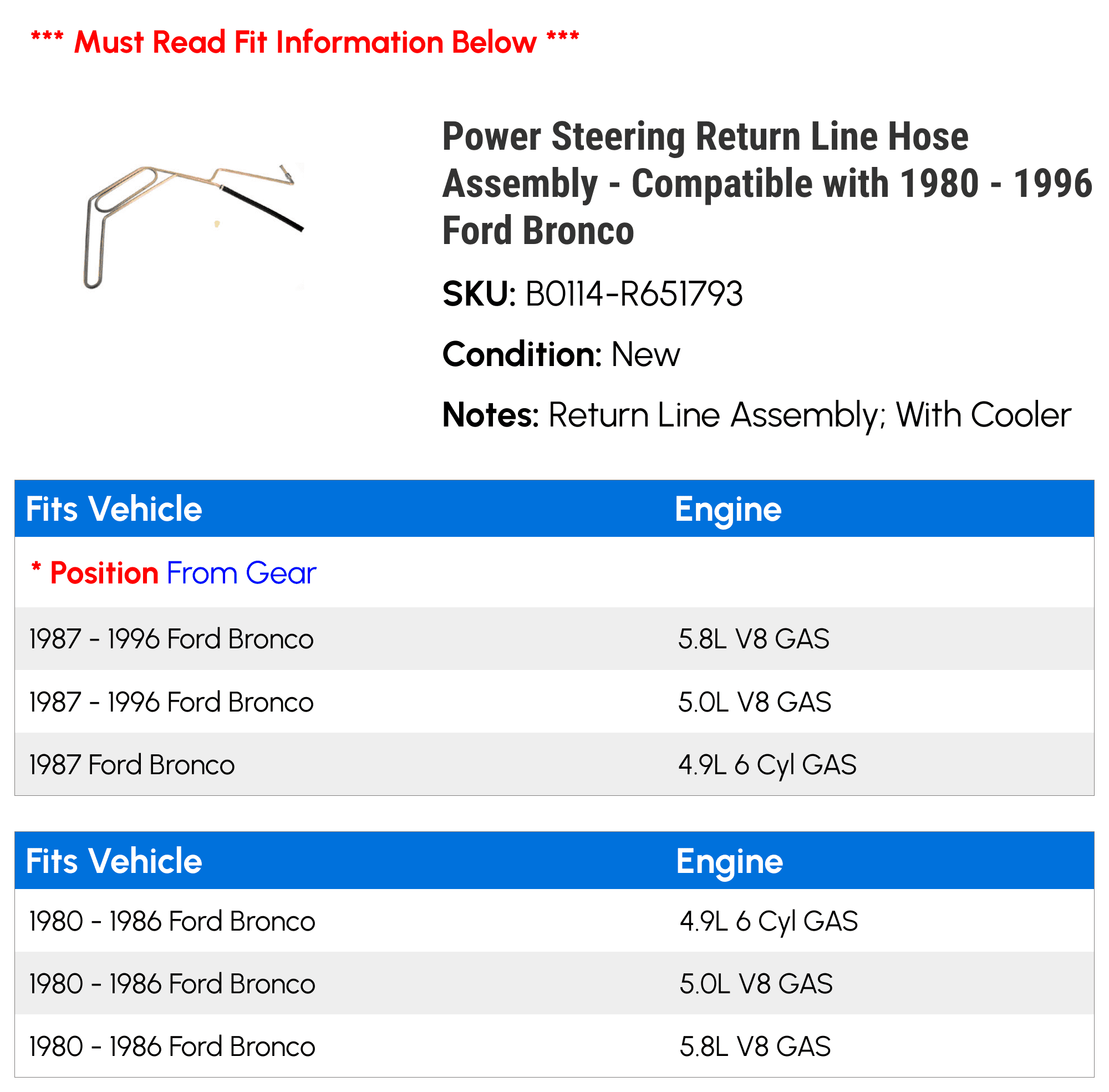 Power Steering Return Line Hose Assembly - Compatible with 1980 - 1996 Ford Bronco 1981 1982 1983 1984 1985 1986 1987 1988 1989 1990 1991 1992 1993 1994 1995