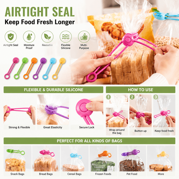 Reusable Silicone Bag Clips, 6-Pack Airtight Food Bag Clips, Moisture Proof Snack Bag Sealers, Flexible Chip Clips and Food Storage Clips for Kitchen Pantry Organization