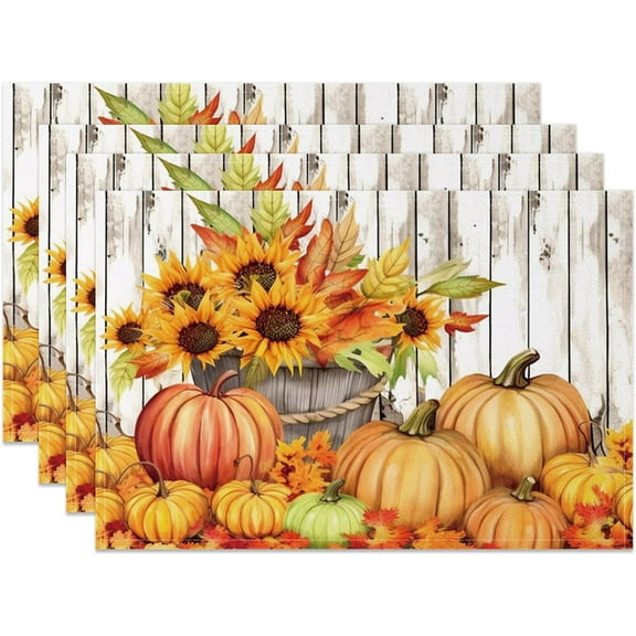 Fall Placemats Set of 6,12x18 Inch Thanksgiving Pumpkin Sunflower Autumn Farmhouse Rustic Seasonal Linen Place Mat Heat-Resistant Washable Fabric Table Mat for Party Kitchen Dining Home Decor
