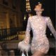 thumbnail image 4 of Women Sexy See Through Mesh Feather Trim Flare Long Sleeve Mini Dress Glitter Shimmer Fishnet Bodycon Beach Cover Up White, 4 of 4