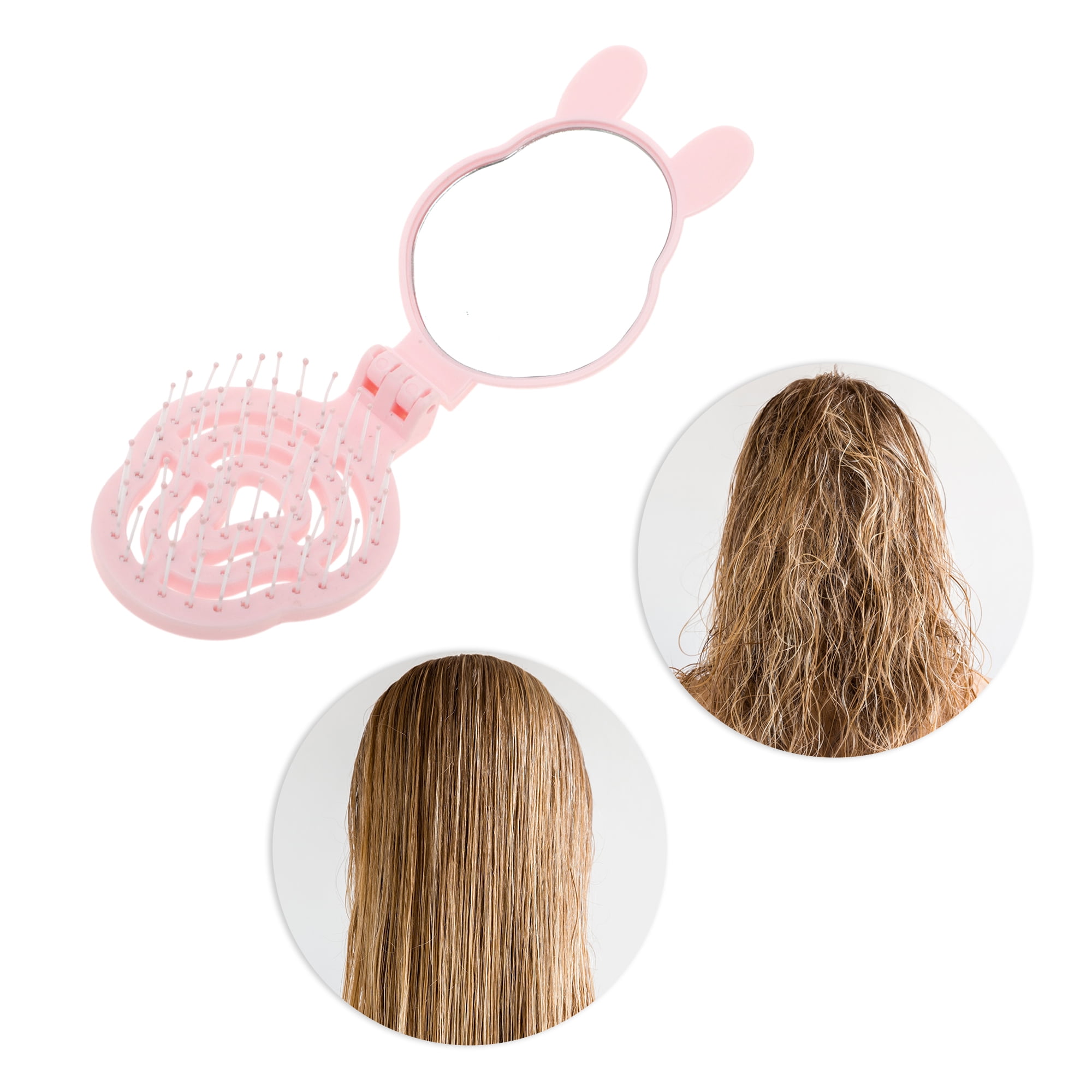 Unique Bargains 1 Pc Rabbit Shape Foldable Mirror Comb for Hair Styling Pink