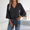 thumbnail image 4 of Vynhevius Womens 3/4 Sleeve Blouses V Neck Button Front Tie Hem Flared Solid Loose Casual Pullover Shirts, 4 of 8