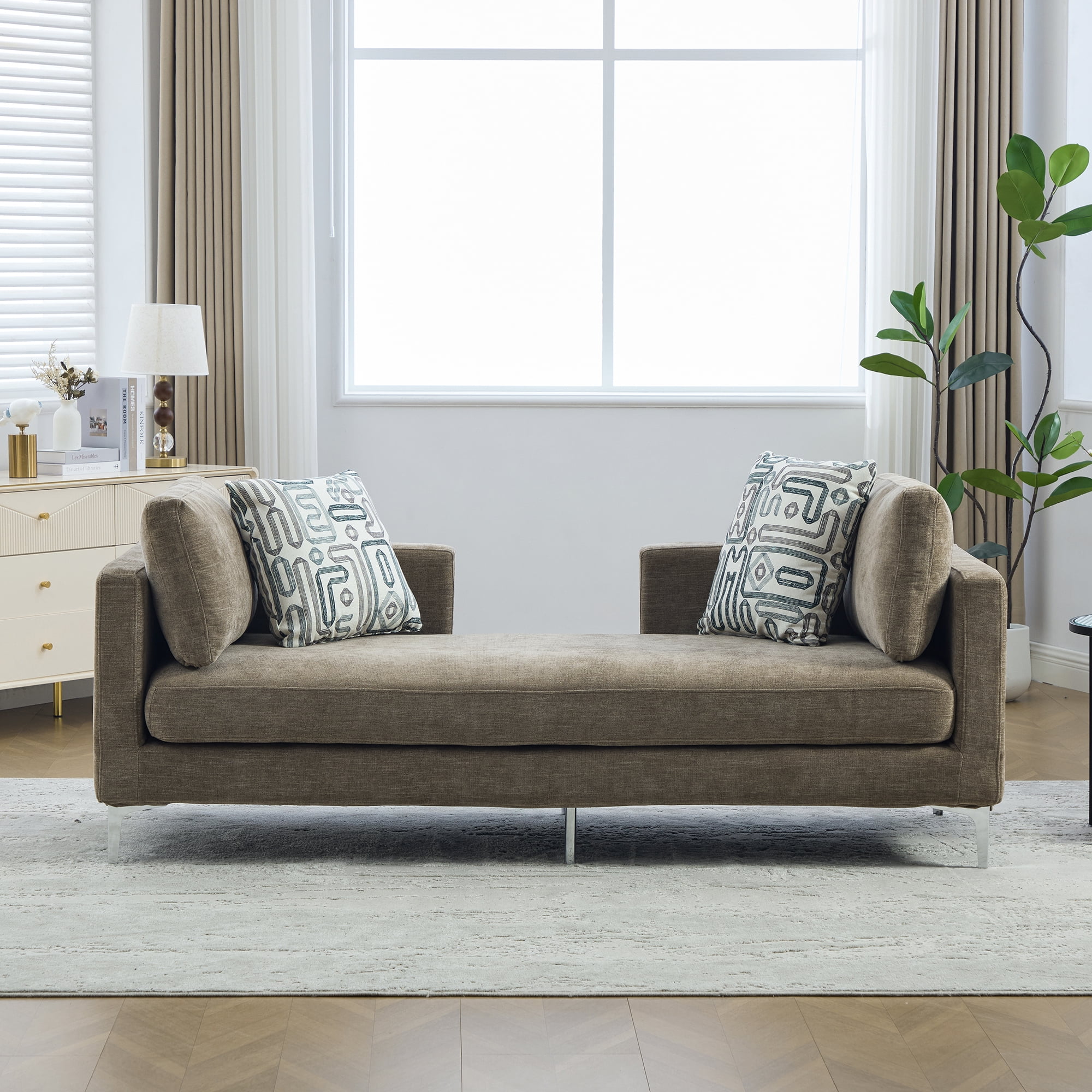 77.5-Inch Chenille Chaise Lounge with 4 Pillows and Open Backrest, Oversized Settee Daybed for Living Room and Guest Room, Taupe