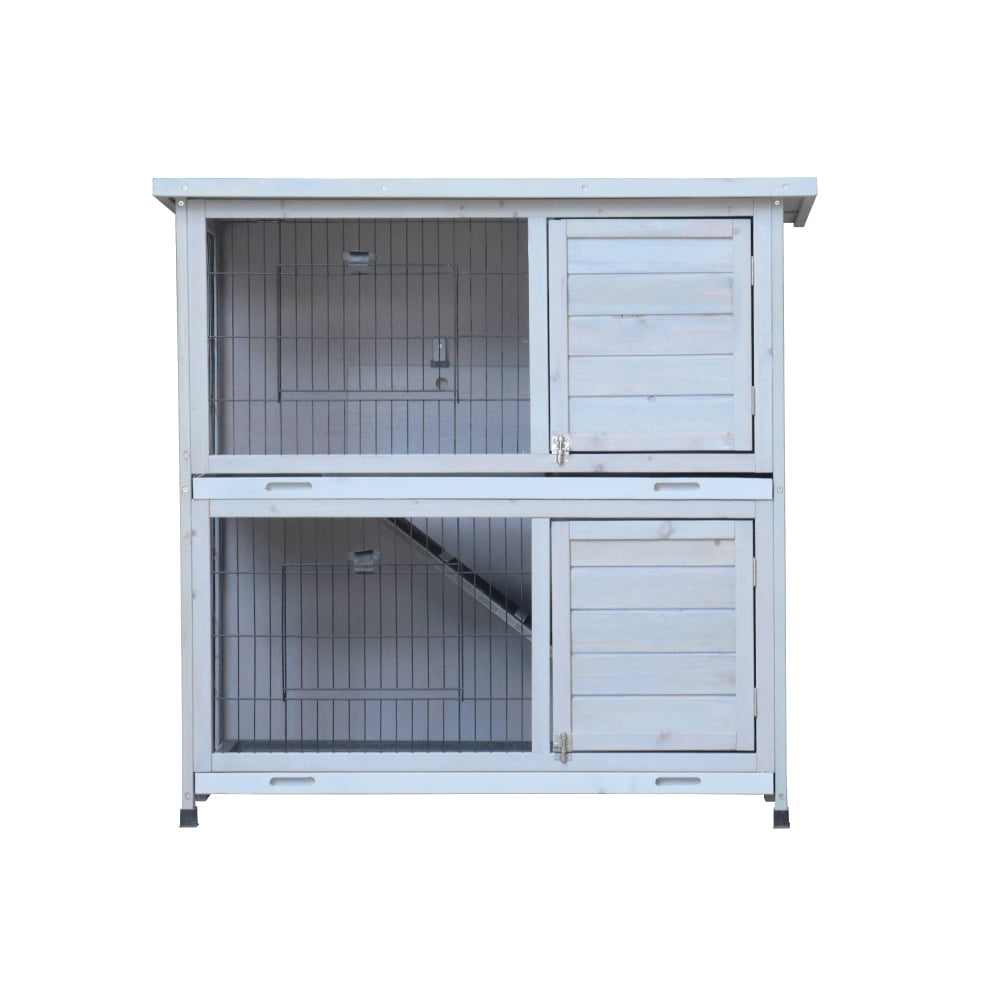 2-Story Outdoor Rabbit Hutch with Run, Waterproof Roof & Removable Trays for Small Animals