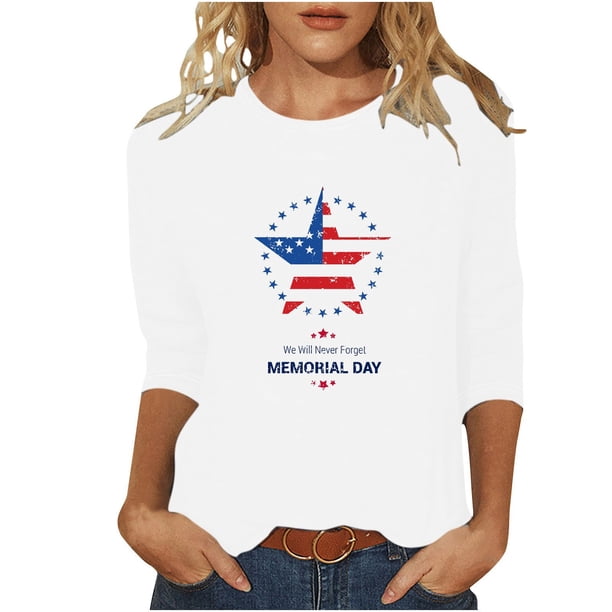 Camisetas de Manga Corta para las Mujeres Día de la Independencia Impreso Suelto Cuello Redondo Tee, Casual Y Blusas Festivas para las Mujeres Casual