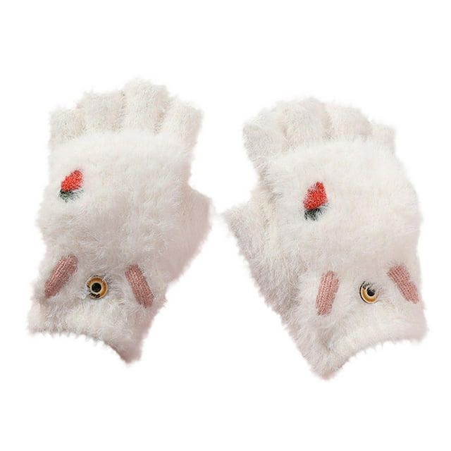 Glisme Gants d'Hiver pour Enfants Demi-Doigt à Rabat Dessin Animé Thermiques Épaissis Gants Chauds Blancs