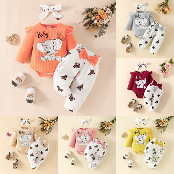 ibiyuan Toddler Clothes for Boys Girls Fall Winter Outfits 3 Piece Soft Playwear, Ribbed Elephant Print Long Sleeve Romper, Casual Pants Decor Headband School Clothes