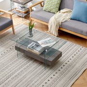 CoSoTower 37.8" Tempered Glass Coffee Table with Dual Shelves and MDF Drawer, Tea Table for Living Roon, Bedroom, Transparent/Gray