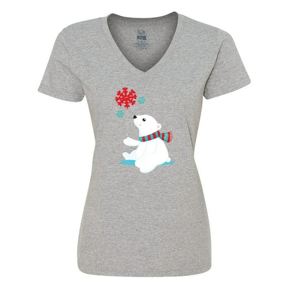 Inktastic Polar Bear With A Scarf, White Bear, Snowflakes Women's V-Neck T-Shirt