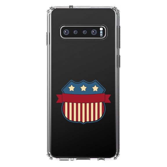 DistinctInk Clear Shockproof Hybrid Case for Samsung Galaxy S10  PLUS (6.4" Screen) - TPU Bumper Acrylic Back Tempered Glass Screen Protector - USA Badge Flag Red White & Blue