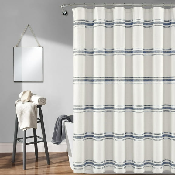 Lush Decor Farmhouse Stripe Cotton Shower Curtain, 72" x 72", Navy Blue