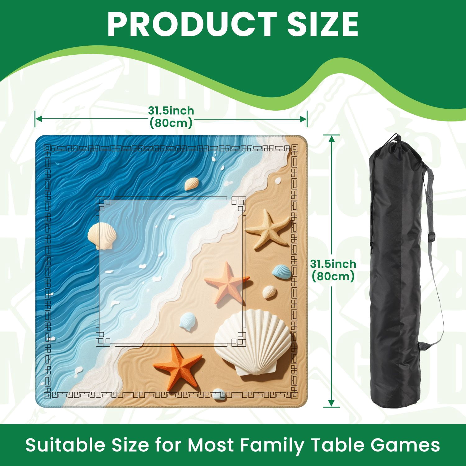 Mahjong Mat 31.5" x 31.5" Beach Starfish Seashells Layered Ocean Waves Non-Slip Noise Reduction American Mahjong Tiles Table Cover for Dominoes Poker Card Board Games Gift
