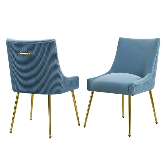 Velvet Dining Chairs Set of 2 with Gold Legs, Upholstered Accent Chairs, Pleated Back & Gold Pull Handle, Mid-Century Modern for Dining Room, Kitchen, Living Room, Light Blue
