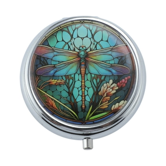 Unique Bargains 1 Pc Pill Case 3 Grid Round Dragonfly Pill Box Colorful
