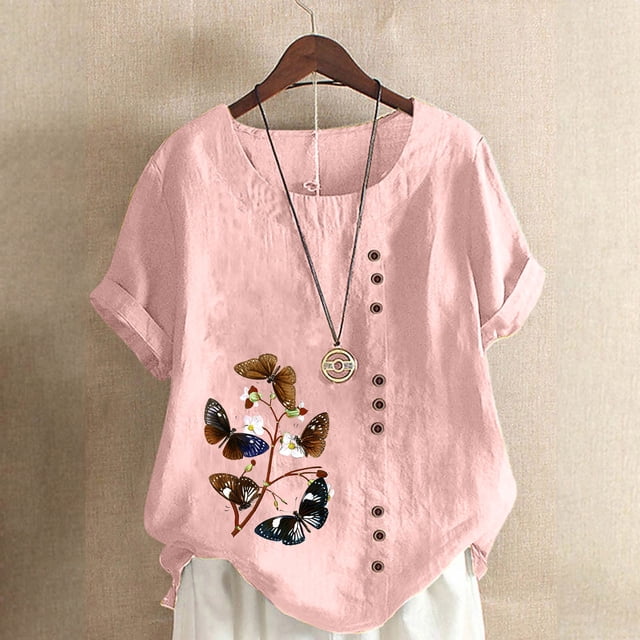 Pisexur Hauts pour Femmes en Coton et Lin Été Décontracté Imprimé Papillon Blouses Oversize Col Rond Tunique Ample Manches Courtes Hauts Chemises Grande Taille