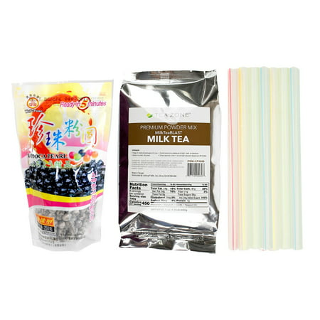 Tea Zone Milk Tea Bubble Tea Kit with WuFuYuan Black Boba Tapioca Pearl and Boba Individually Wrapped