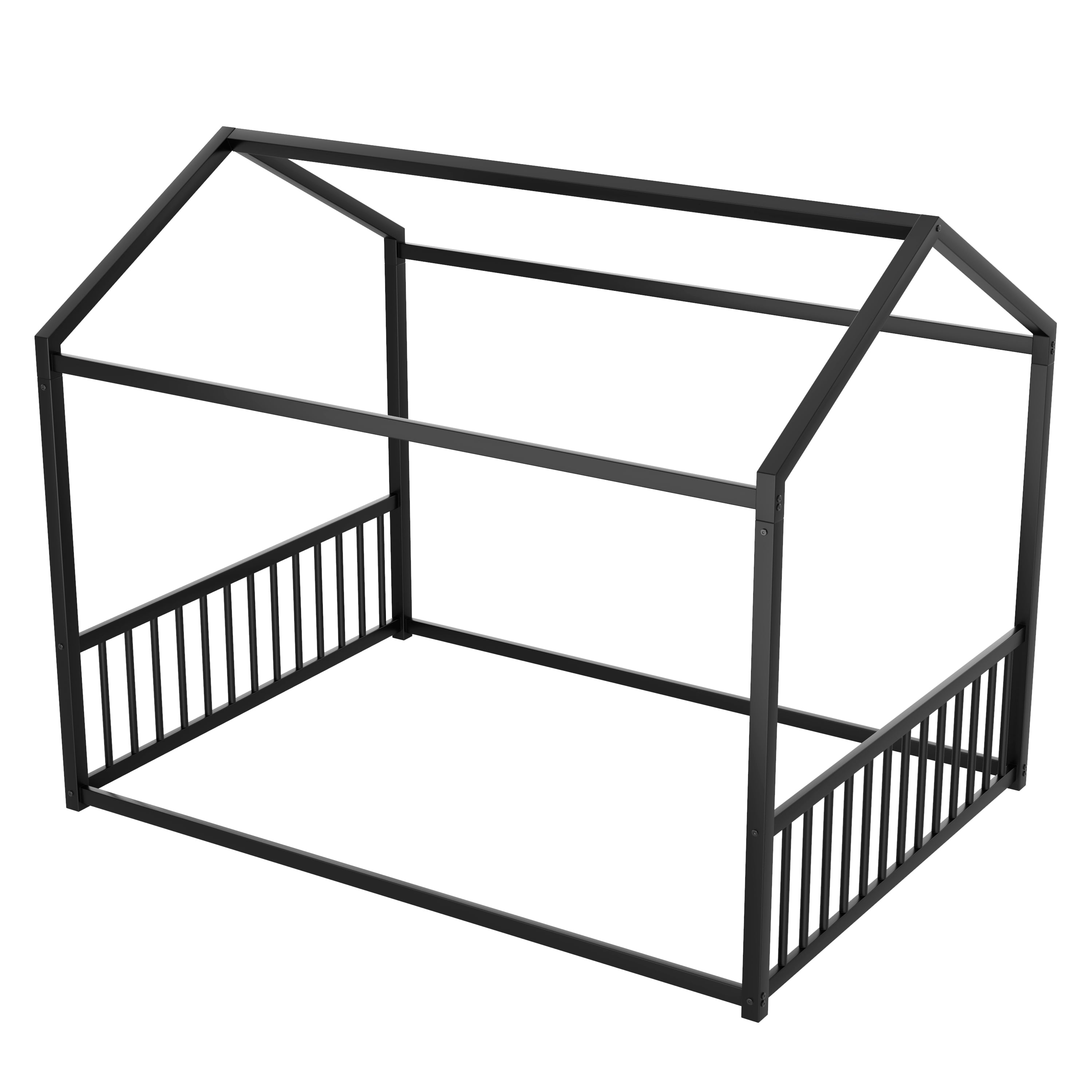 Euroco Metal Full Size Canopy Bed, Low Profile House Bed with Guardrails, Black