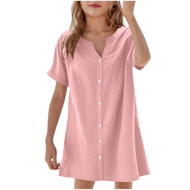 breaise Robe Fille Mignonne à Boutons, Robe Chemise d'Été à Manches Courtes, Robe Trapèze, Coupe Droite Évasée, Robe T-Shirt d'Été Rose 140