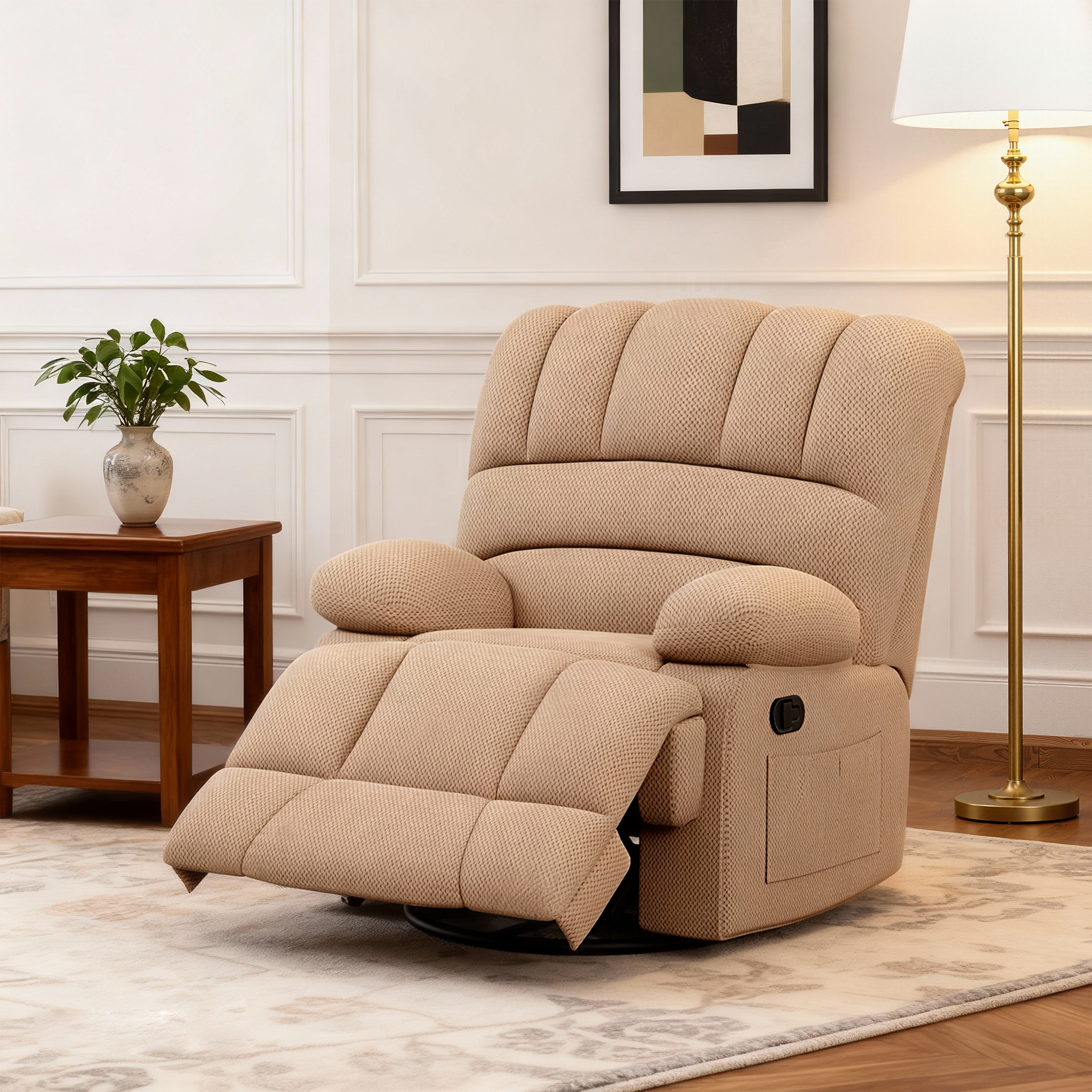 MAYEERTY Light Camel Oversized Swivel Rocker Recliner Sofa for Adults, Velvet, Perfect for Living Room