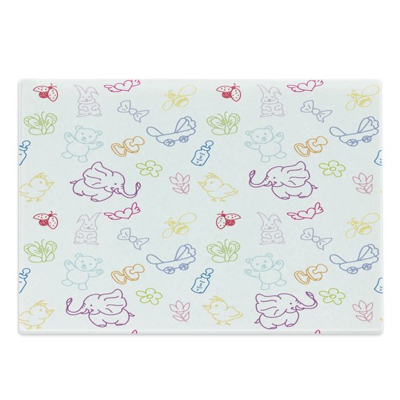 Cartoon Cutting Board, Drawing Style Elephants Teddy Bears Flowers Butterflies Bees Pattern, Decorative Tempered Glass Cutting and Serving Board, Large Size, Multicolor, by Ambesonne