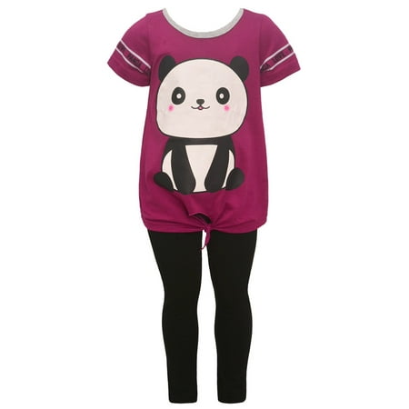Little Girls Burgundy Panda Bear Print Knot Waist 2 Pc Leggings Outfit