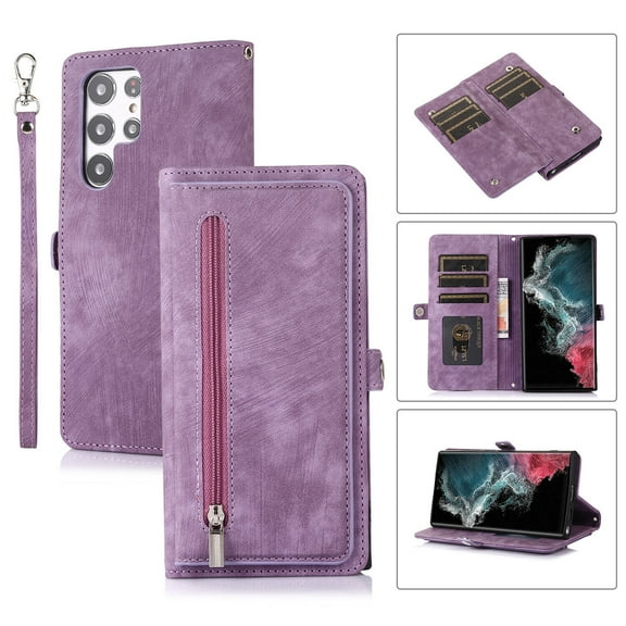 For Samsung Galaxy S22 Ultra Cover with Card Slot Shockproof Luxury Leather Magnetic Flip Holder Stand Zipper Wallet Case