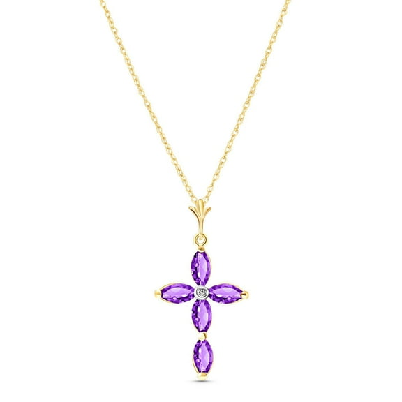 Galaxy Gold GG 14K Yellow Gold 1.23 Carat Natural Diamonds and Amethyst Cross Pendant Necklace - February Birthstone - Peace & Wisdom - 16" to 24" - Fine Jewelry for Women