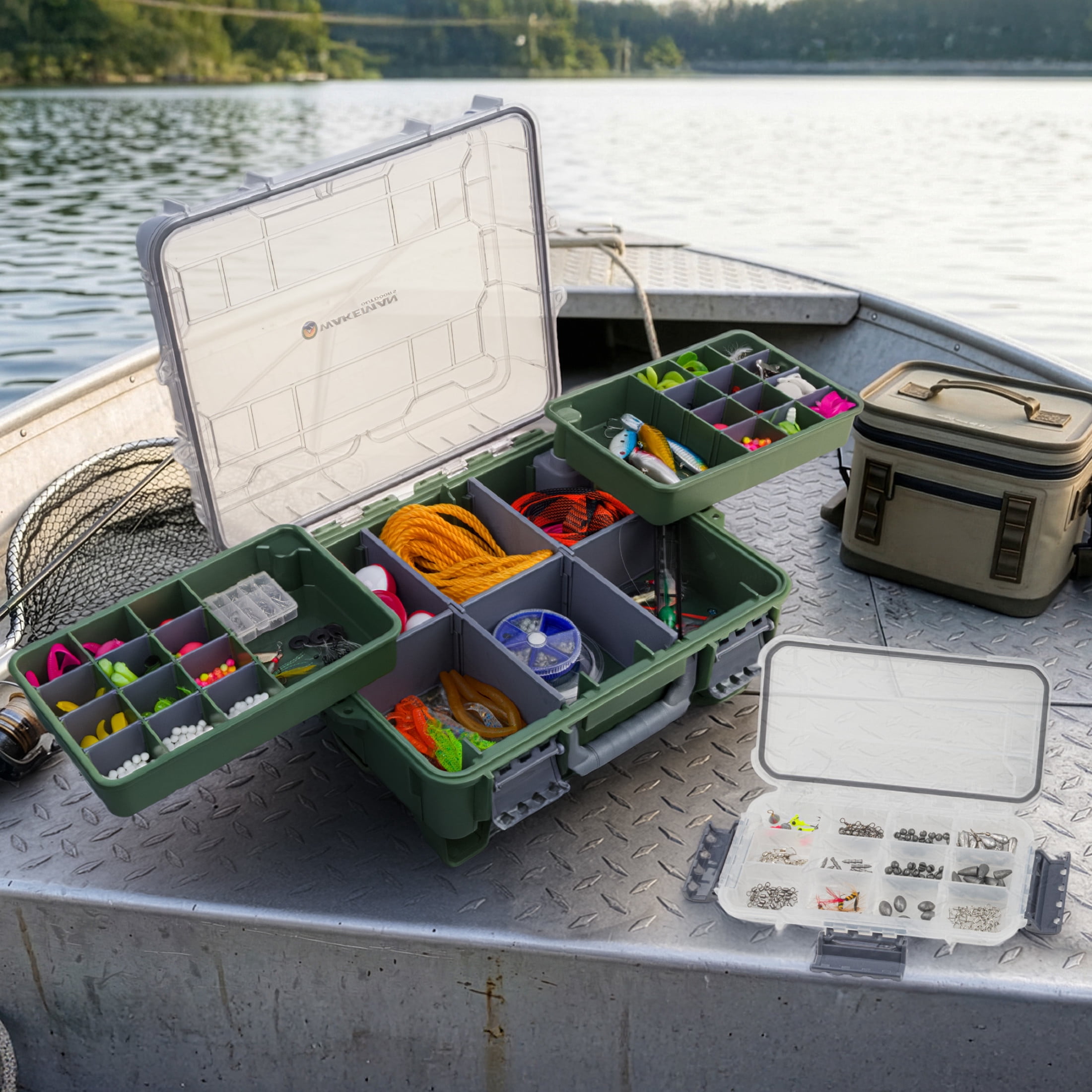 Wakeman Outdoors Fishing Tackle Box Organizer with 2 Removeable Tackle Trays, Green