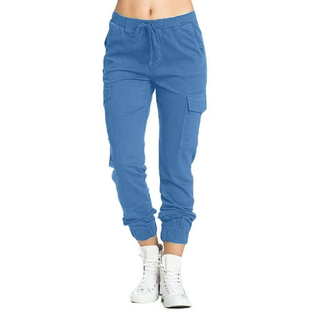 Fshinging Womens Pants Ladies Pocket Cargo Casual Elastic Waist Corset Rope Plus Size Trousers