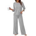 thumbnail image 5 of Women's Ribbed Knit Lounge Set, Straight Leg Pants Two Piece Outfit, Long Sleeve Top and Pants Set, Comfortable Elastic Waistband, Relaxed Fit Casual Home Suit Light Ashy XXL, 5 of 7