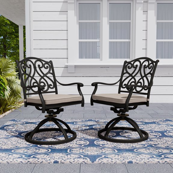Mondawe 2 Piece Cast Aluminum Outdoor Swivel Dining Chairs, All-Weather Patio Swivel Rocker Chair Sets with Beige Olefin Cushion for Garden, Backyard, Poolside, Bistro