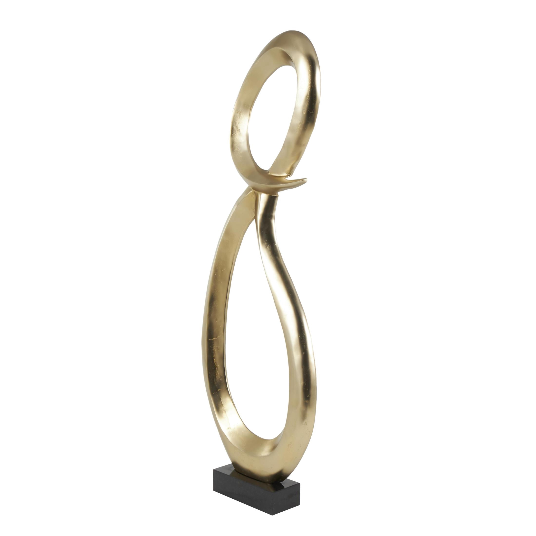 22" x 62" Gold Aluminum Metal Tall Looped Floor Abstract Sculpture with Black Marble Base, by DecMode