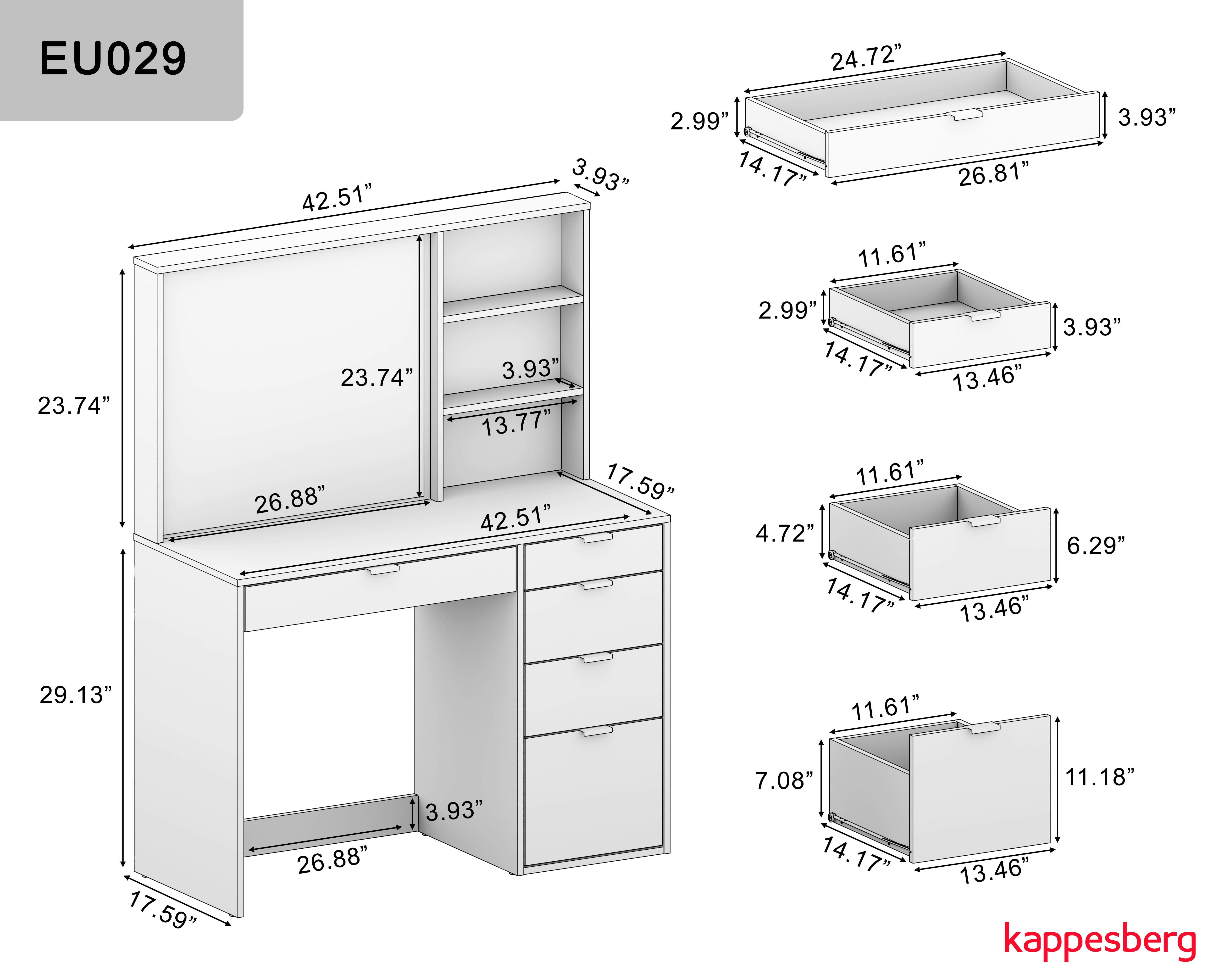 Kappesberg Ella 2-Piece Bedroom Set, Makeup Vanity and Nightstand with Drawers, White Finish - for Adults and Teens