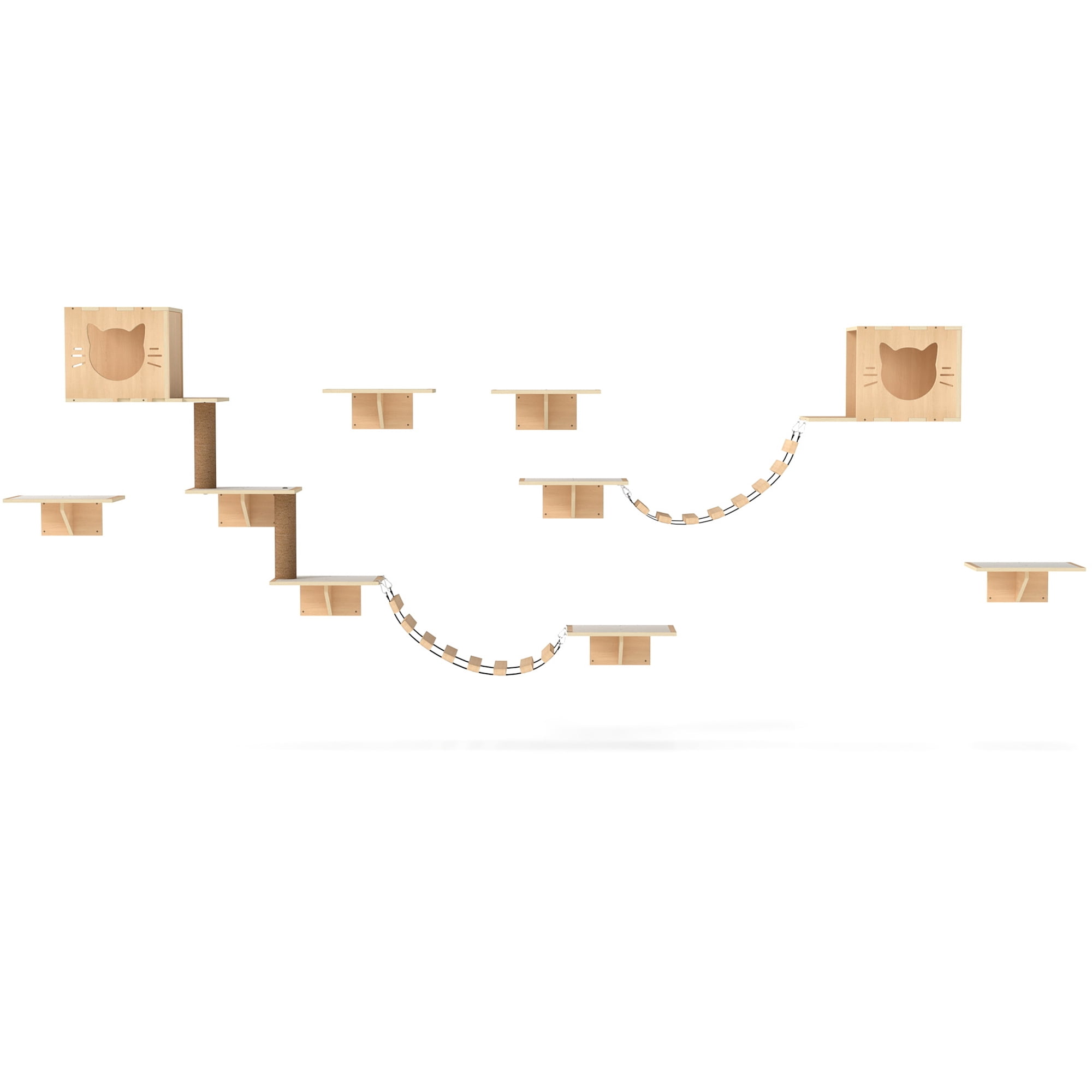 8-in-1 Wall Mounted Cat Shelves Set, Wall Cat Furniture with Scratching Post, Bridge, Condos & Perches for Small/Medium Cats