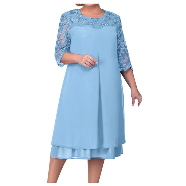 Vestido floral bordado para mujer talla grande - Manga 3/4, gasa, corte A, elegante para bodas/cócteles