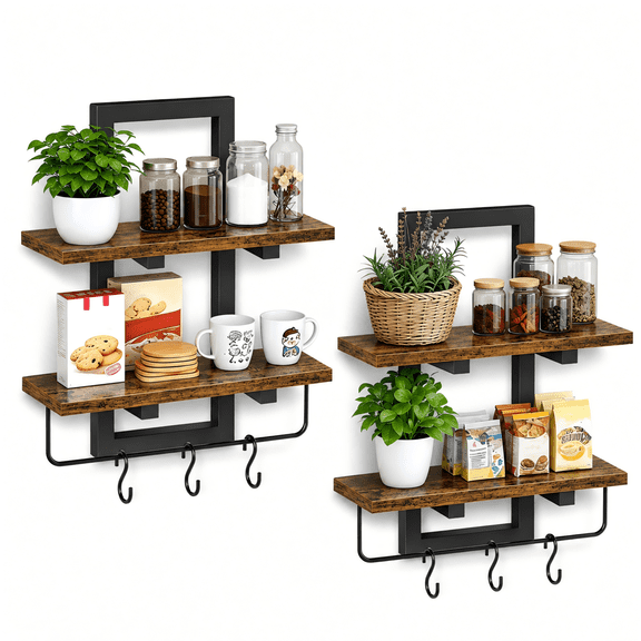 Efoee Wood Floating Shelves for Wall, 2-Tier Shelves Wall Mounted for Bedroom,Bathroom,Living Room, Kitchen, 15 in,2 Pack,Rustic Brown