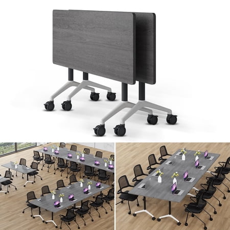 Folding Conference Table Modern Large Mobile Meeting Table Rolling Conference Room Tables with Wheels Seminar Tables for Office Training Classroom (2 Oak Grey 55 D X 23.6 W X 29.5 H)